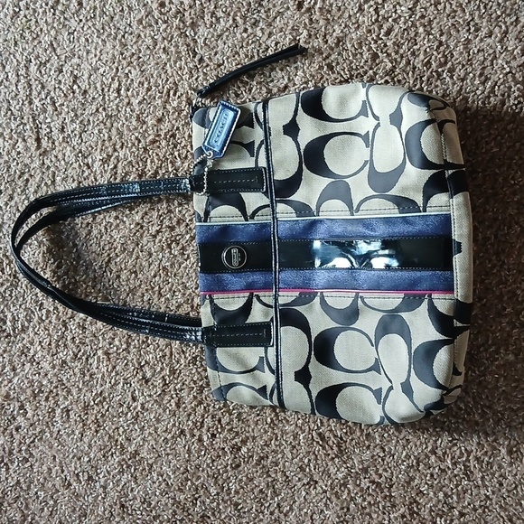 Coach monogram blue striped purse - Picture 1 of 16